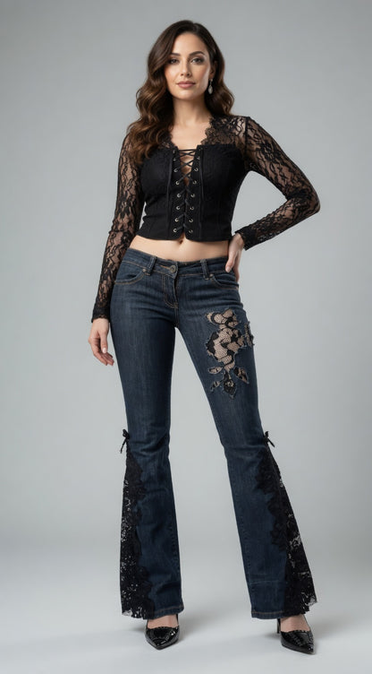 Midnight Lace Flare Jeans – Elegant Lace Edition