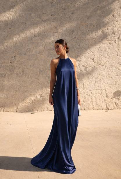 Elegant Backless Satin Halter Midi Dress