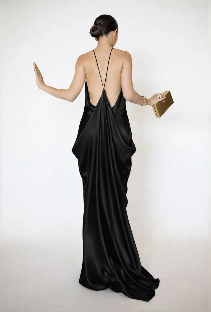 Elegant Backless Satin Halter Midi Dress