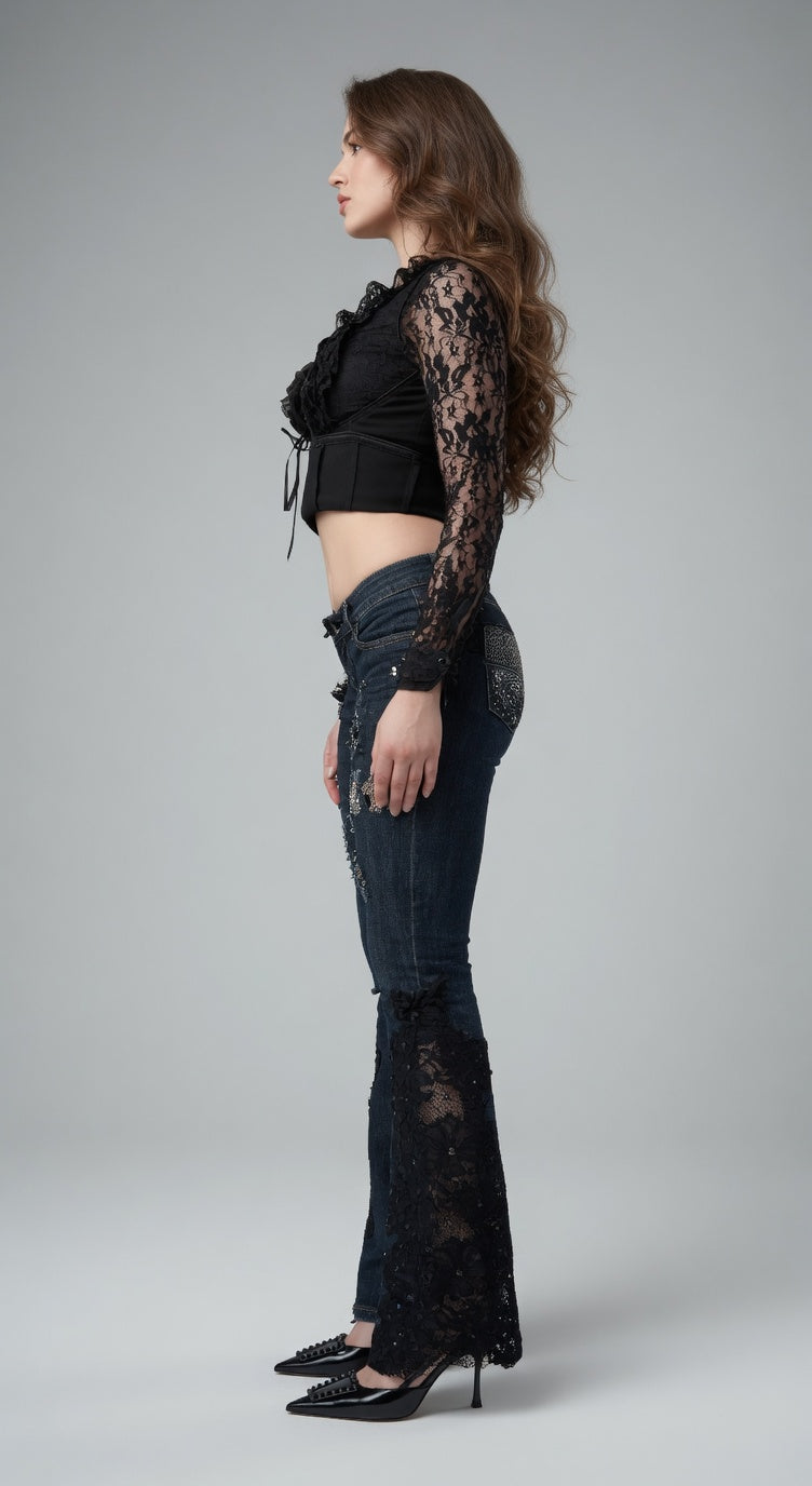 Midnight Lace Flare Jeans – Elegant Lace Edition
