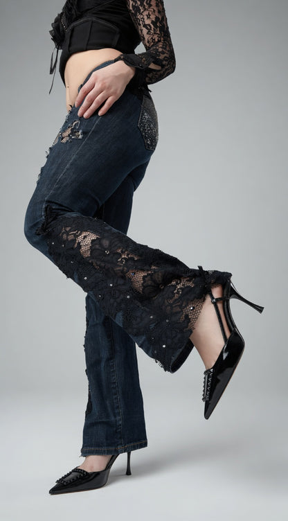 Midnight Lace Flare Jeans – Elegant Lace Edition